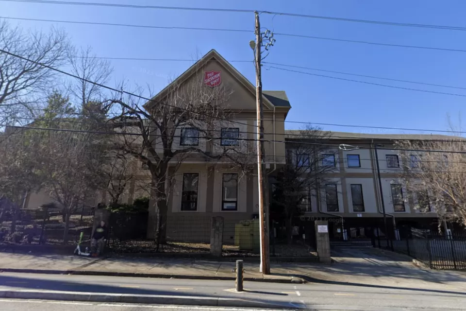 Google street view of brick two-story building housing Salvation Army supportive housing shelter in Atlanta, Georgia.